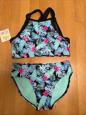 BNWT Tropical Floral High-Neck Two-Piece Swimsuit